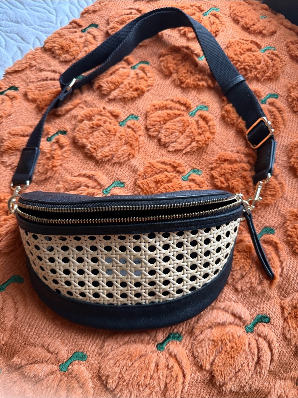 Woven Raffia Accent Black Crossbody Belt Bag
